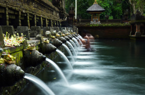 TIRTA EMPUL PURIFYING POOL. Purifying Pool at Tirta Empul. People bring the offering and take a bath from the natural spring water to purify their soul.