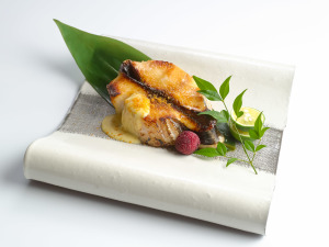 Grilled Cod with Saikyo Miso, Yuzu Miso Sauce and Dried Mullet Powder